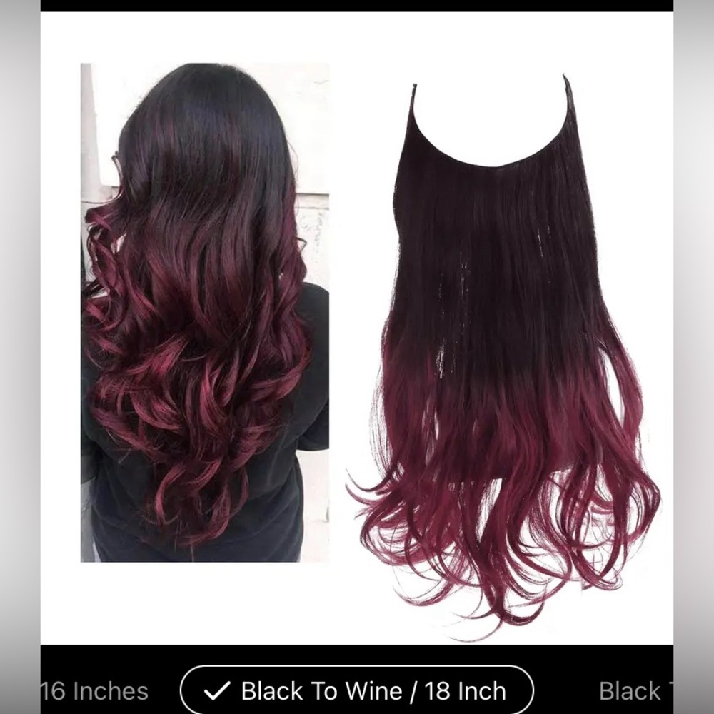 Halo hair extension black & wine red curly wavy long synthetic heat friendly
